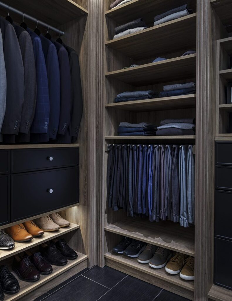 Custom walk-in closet with ODI cabinetry, designed and installed by Closet Concepts
